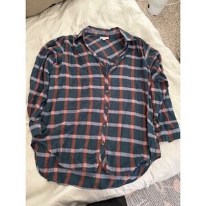 Knox Rose Plaid Button Down Shirt Tunic Teal‎ Brown Pink Relaxed Fit XL